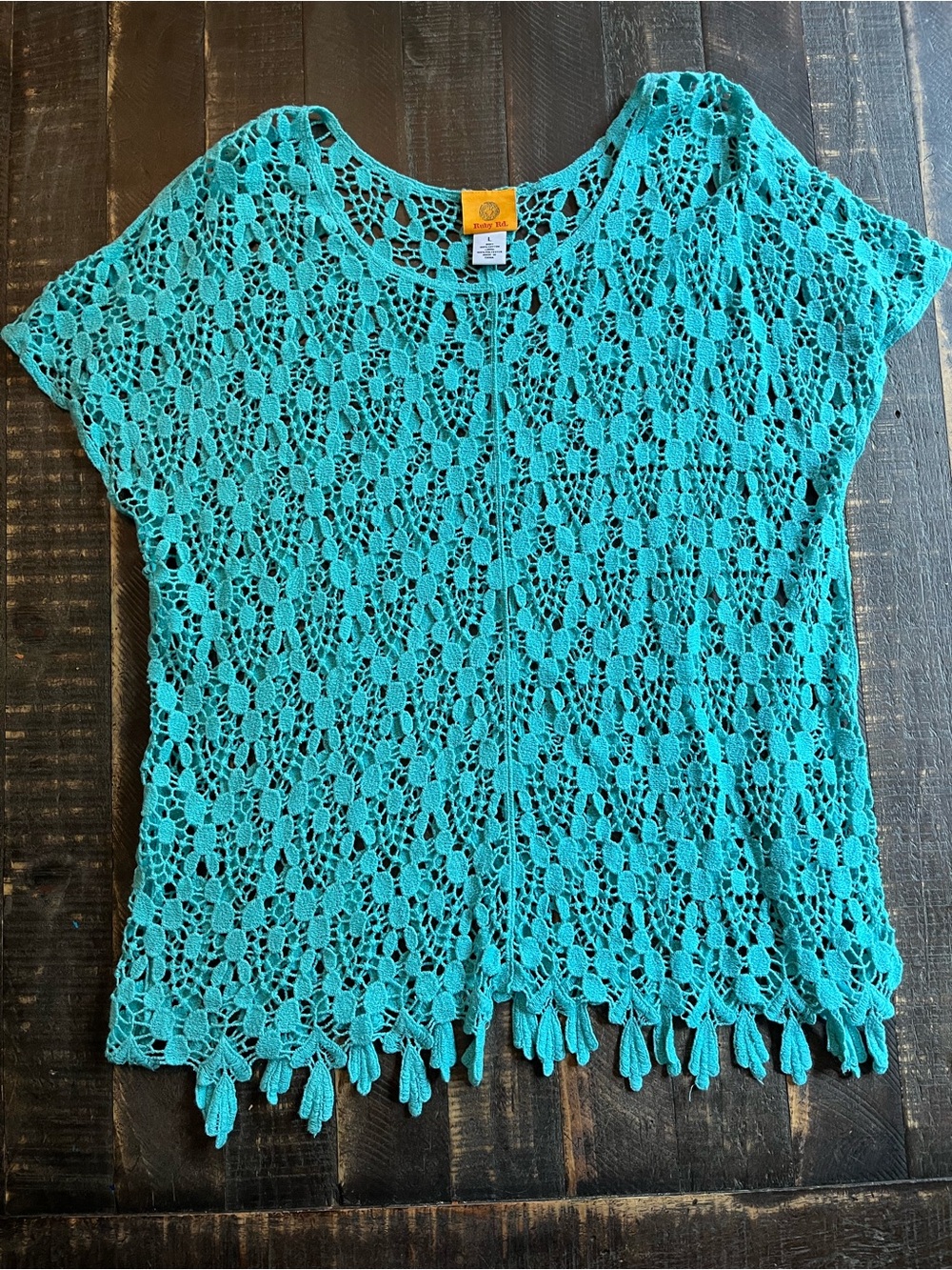 Ruby Rd. Teal Crochet Short-Sleeve Lightweight Cotton Blouse Tassel Bottom